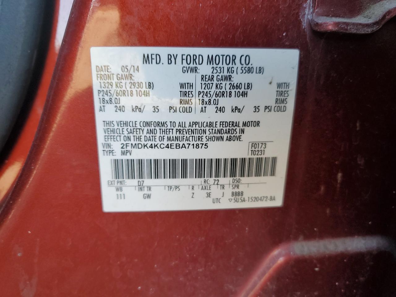 2014 Ford Edge VIN 2FMDK4KC4EBA71875 Copart auction photo, front end / side damage thumbnail 13
