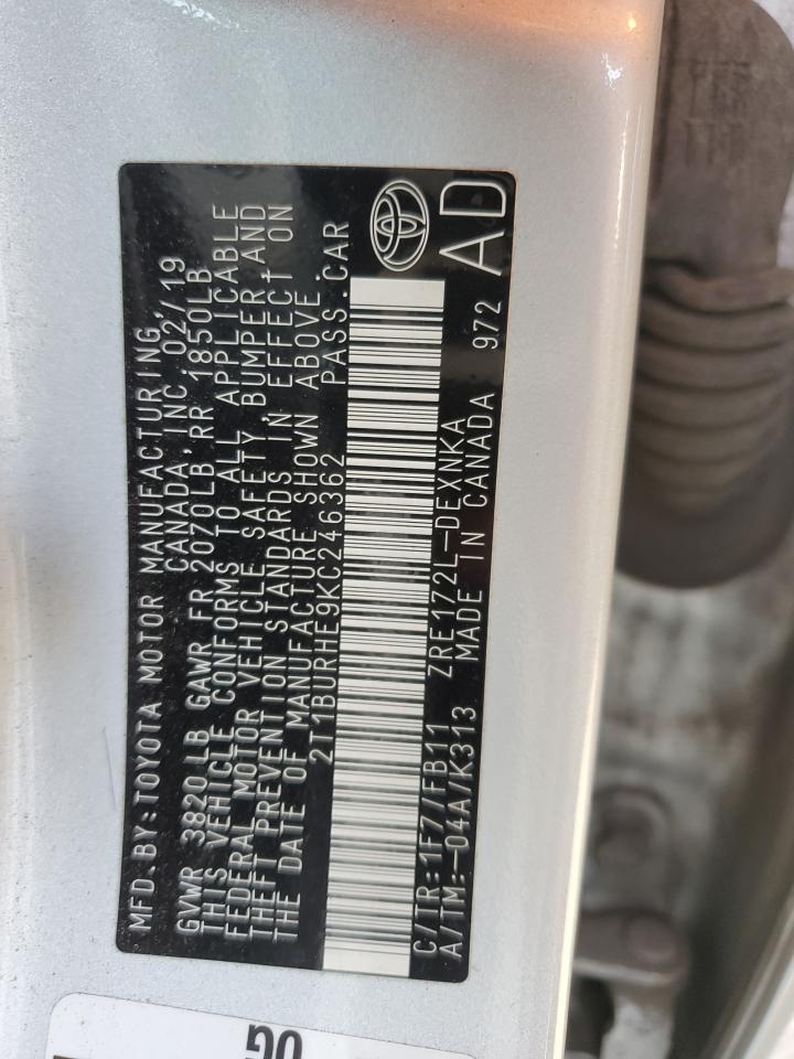 2019 Toyota Corolla VIN 2T1BURHE9KC246362 Copart auction photo, front end / side damage thumbnail 12
