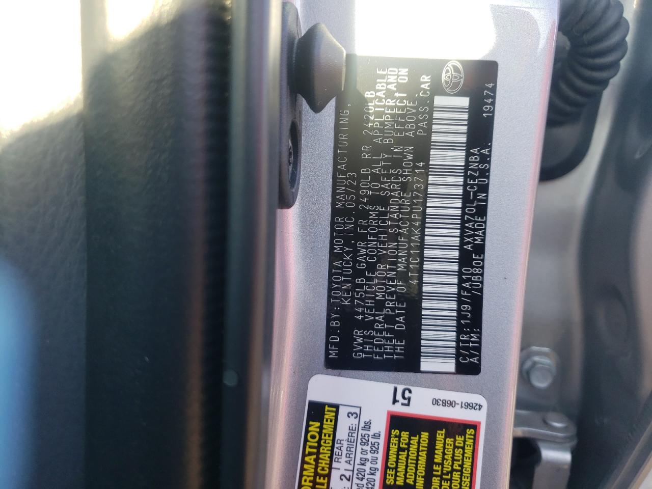 2023 Toyota Camry VIN 4T1C11AK4PU173714 Copart auction photo, front end damage thumbnail 12