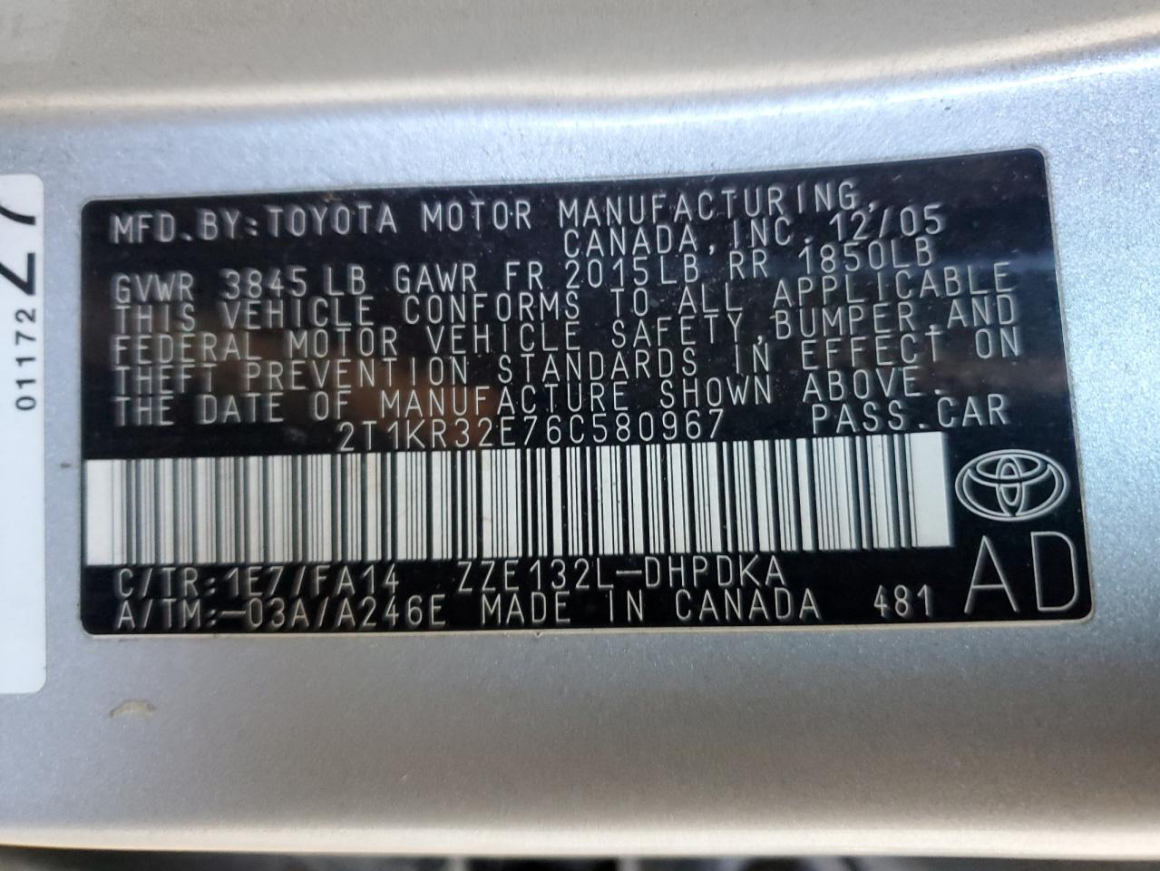2006 Toyota Corolla VIN 2T1KR32E76C580967 Copart auction photo, front end damage thumbnail 14