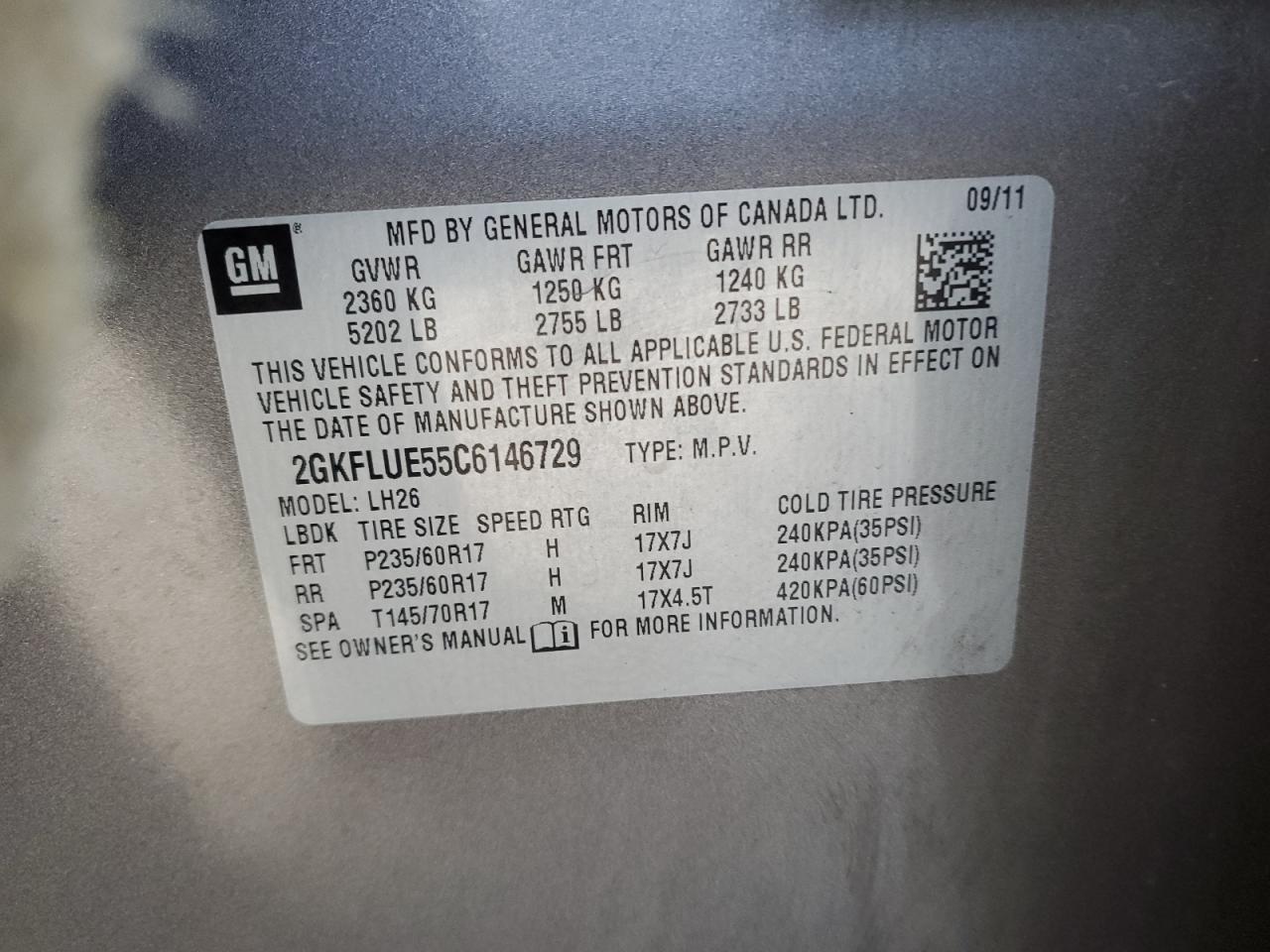 2012 GMC Terrain VIN 2GKFLUE55C6146729 Copart auction photo, front end damage thumbnail 12