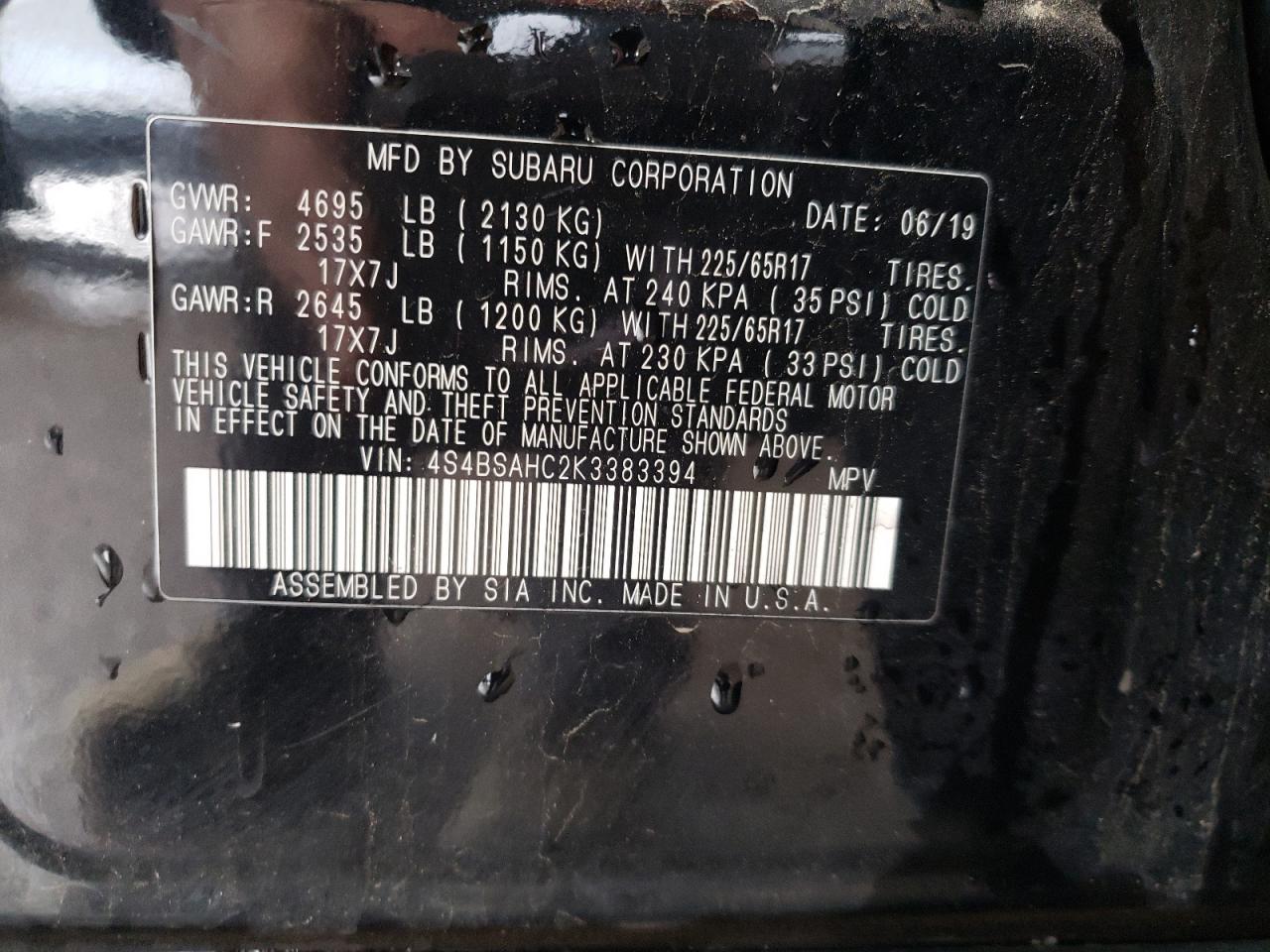 2019 Subaru Outback VIN 4S4BSAHC2K3383394 Copart auction photo, undercarriage / mechanical damage thumbnail 13