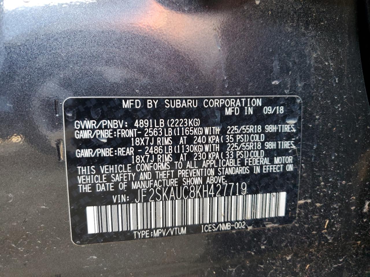 2019 Subaru Forester VIN JF2SKAUC8KH427719 Copart auction photo, rollover damage thumbnail 15