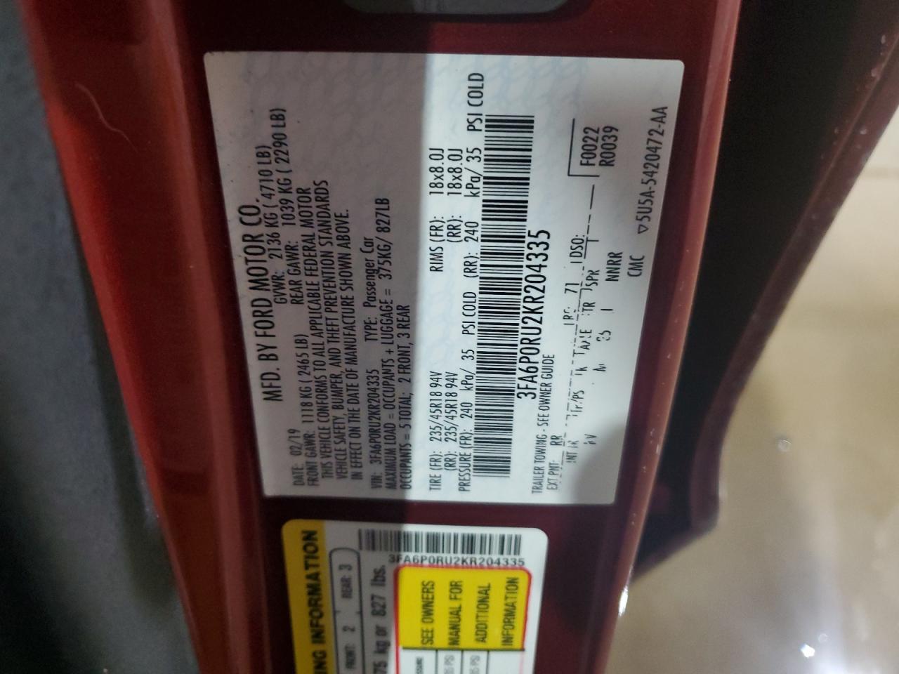 2019 Ford Fusion VIN 3FA6P0RU2KR204335 Copart auction photo, front end / side damage thumbnail 13