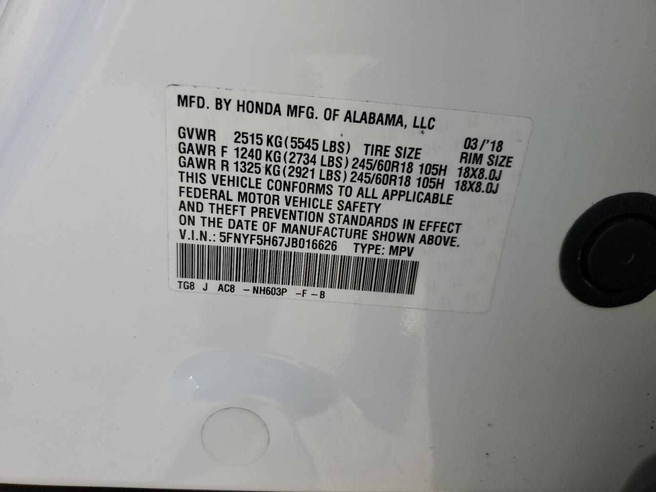 2018 Honda Pilot VIN 5FNYF5H67JB016626 Copart auction photo, rear end / side damage thumbnail 14