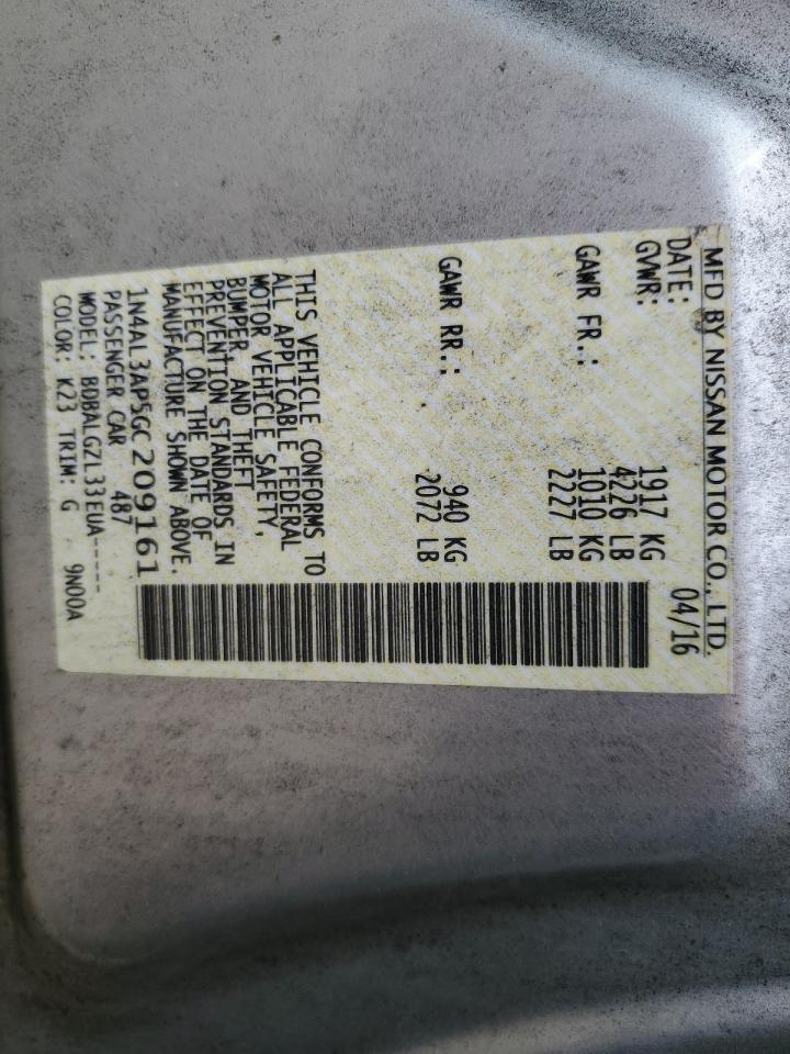 2016 Nissan Altima VIN 1N4AL3AP5GC209161 Copart auction photo, front end / minor dent/scratches damage thumbnail 12