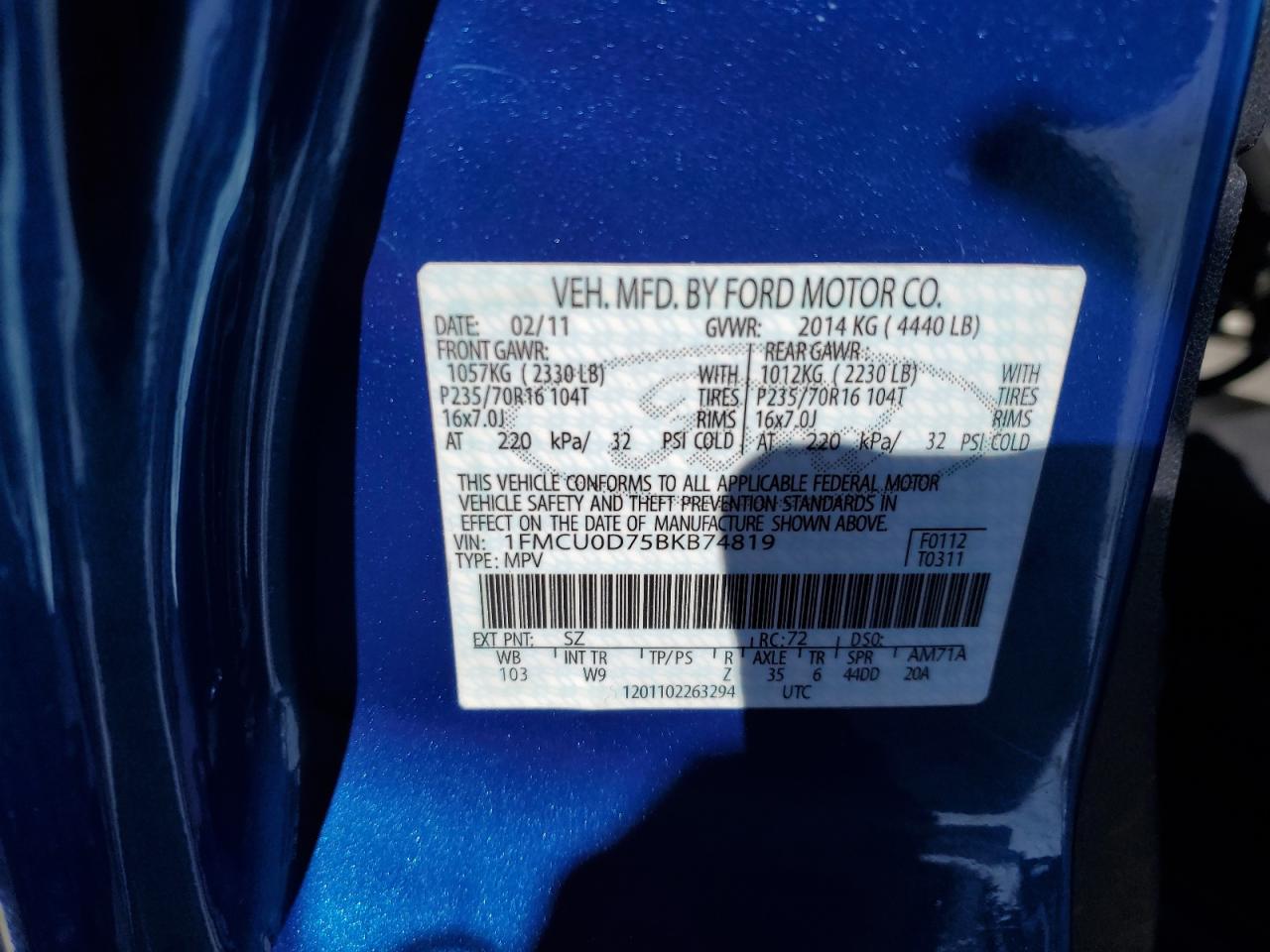 2011 Ford Escape VIN 1FMCU0D75BKB74819 Copart auction photo, mechanical / all over damage thumbnail 15