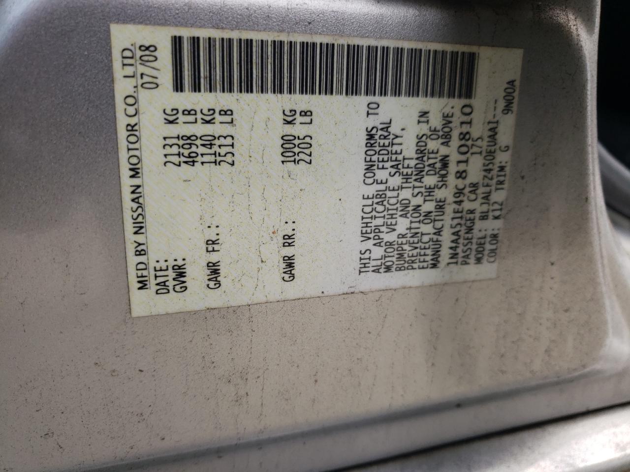 2009 Nissan Maxima VIN 1N4AA51E49C810810 Copart auction photo, all over damage thumbnail 13