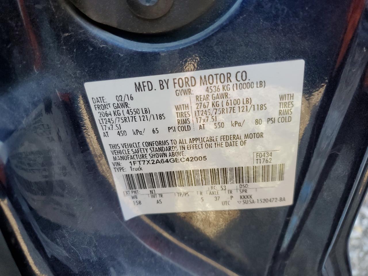 2016 Ford F250 VIN 1FT7X2A64GEC42005 Copart auction photo, rear end damage thumbnail 12