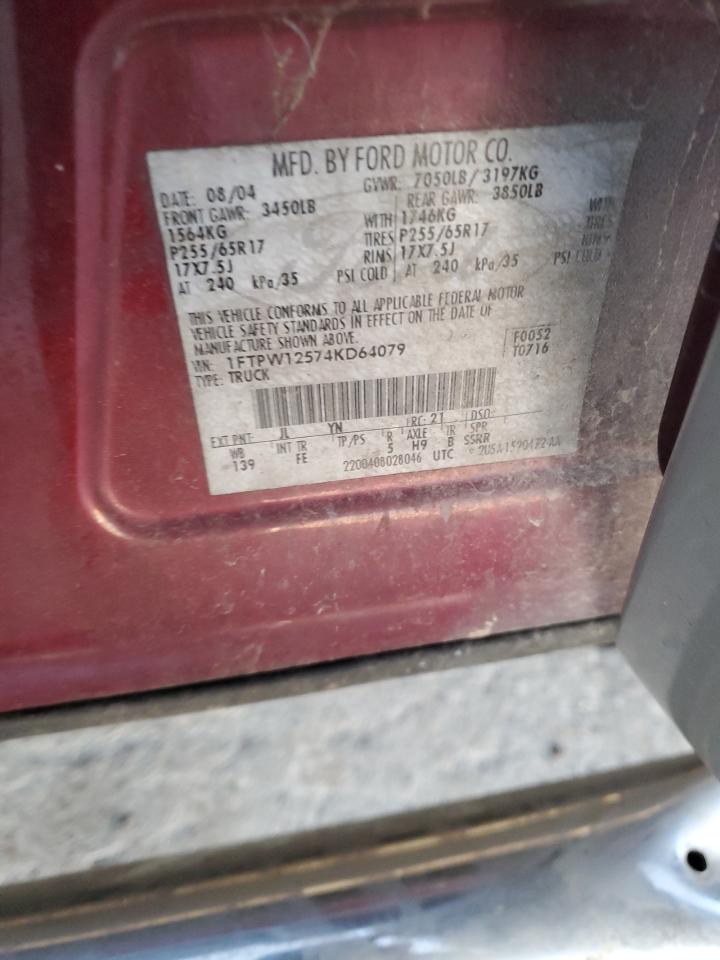 2004 Ford F-150 VIN 1FTPW12574KD64079 Copart auction photo, front end damage thumbnail 13