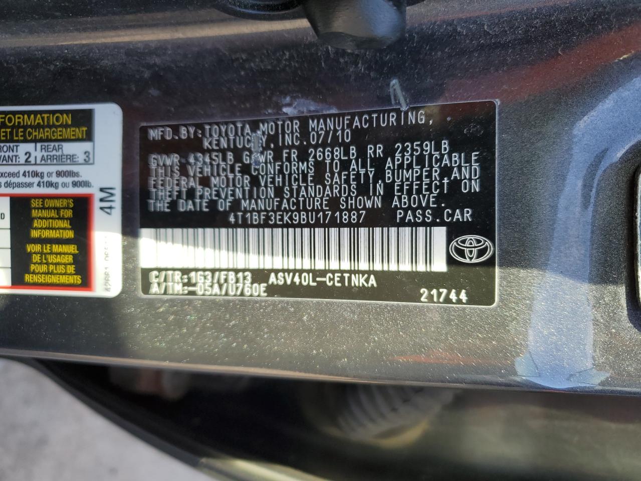 2011 Toyota Camry VIN 4T1BF3EK9BU171887 Copart auction photo, front end damage thumbnail 13