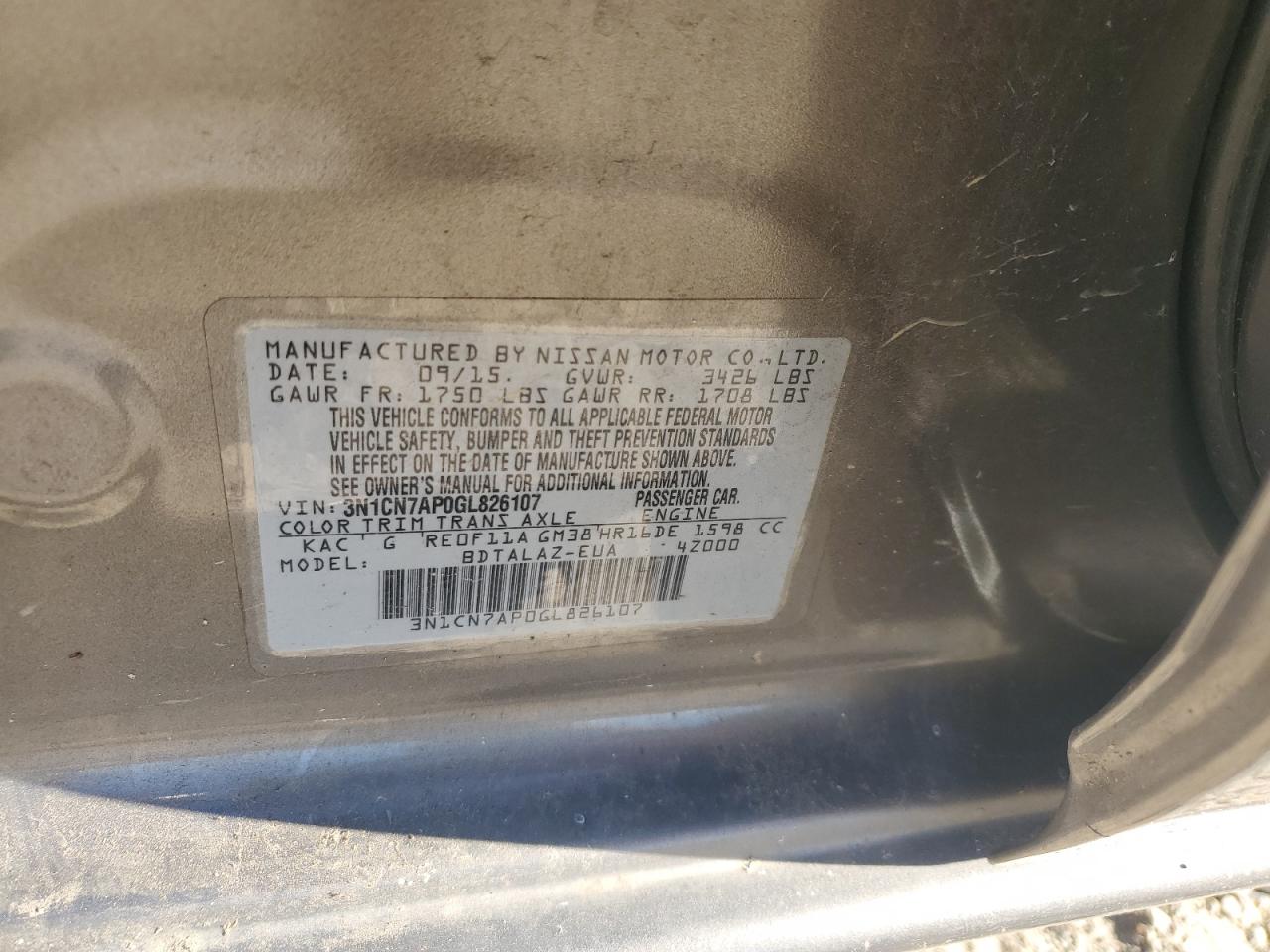 2016 Nissan Versa VIN 3N1CN7AP0GL826107 Copart auction photo, water/flood damage thumbnail 12