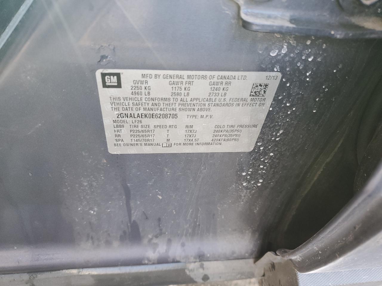 2014 Chevrolet Equinox VIN 2GNALAEK0E6208705 Copart auction photo, all over damage thumbnail 13