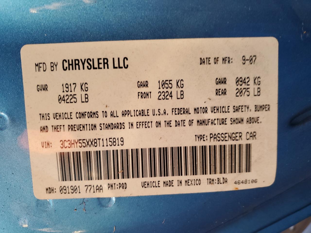 2008 Chrysler PT Cruiser VIN 3C3HY55XX8T115819 Copart auction photo, water/flood damage thumbnail 13