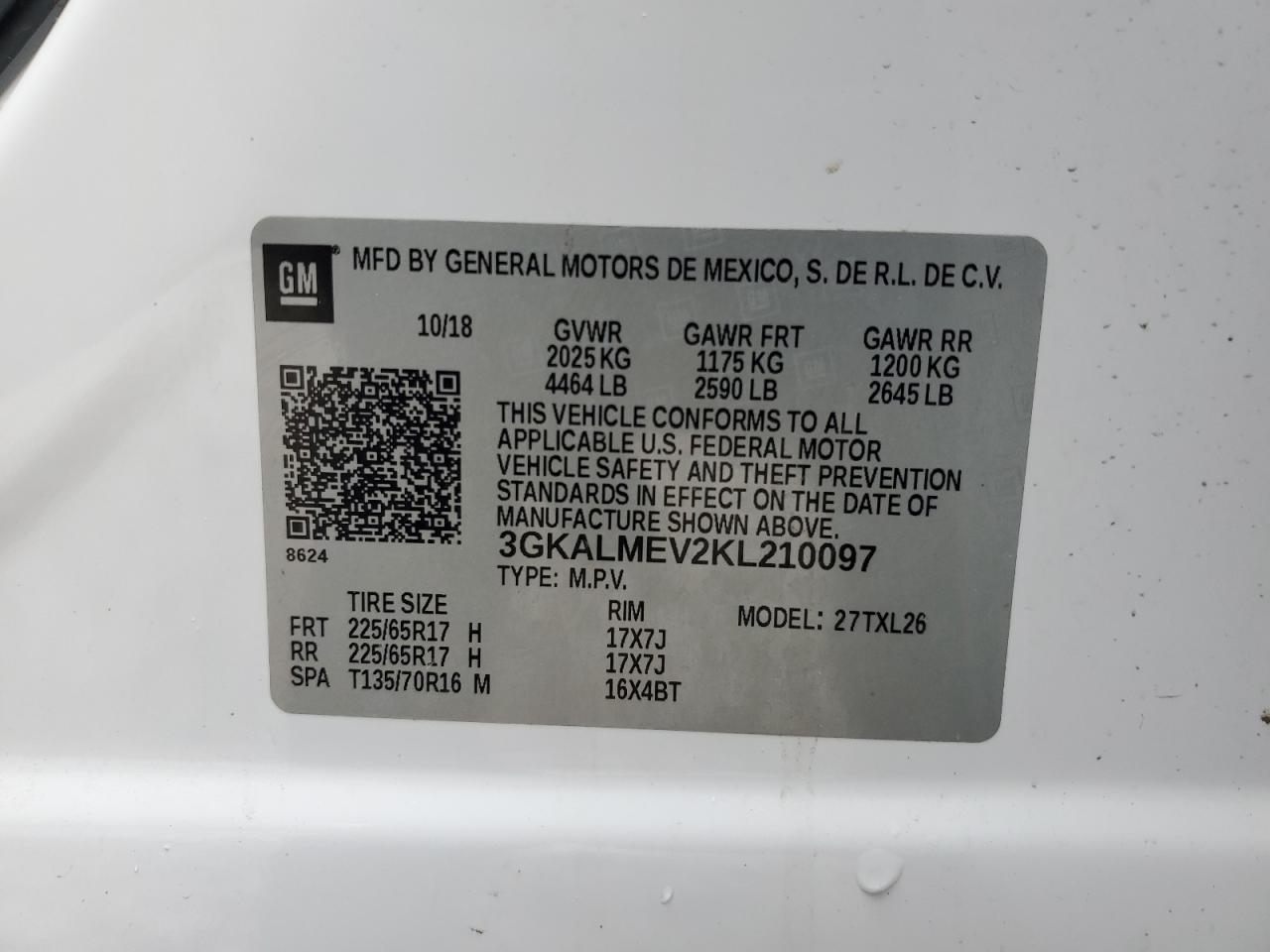 2019 GMC Terrain VIN 3GKALMEV2KL210097 Copart auction photo, front end damage thumbnail 14