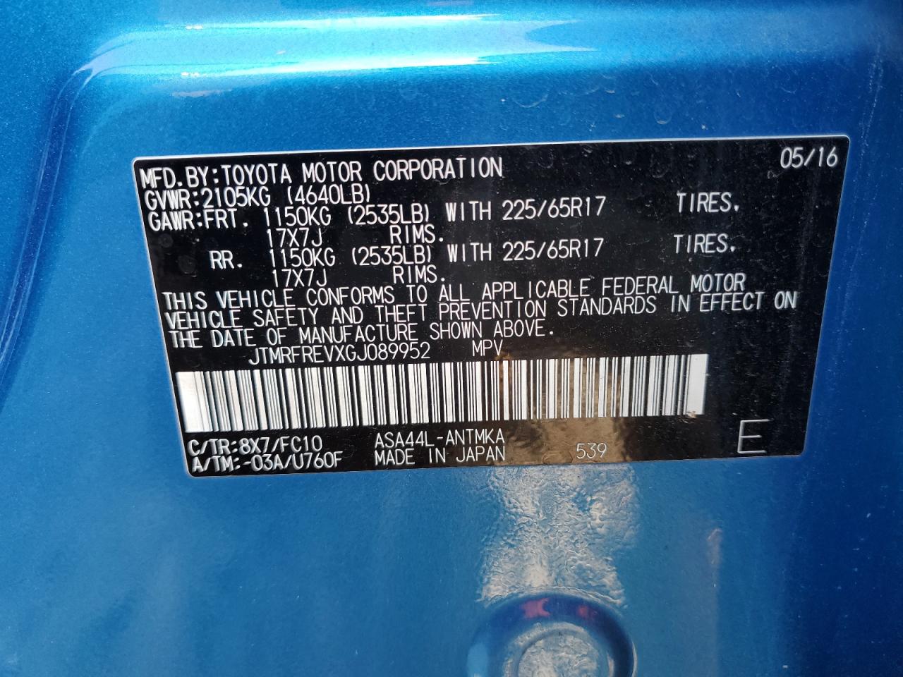 2016 Toyota RAV 4 VIN JTMRFREVXGJ089952 Copart auction photo, rear end damage thumbnail 13