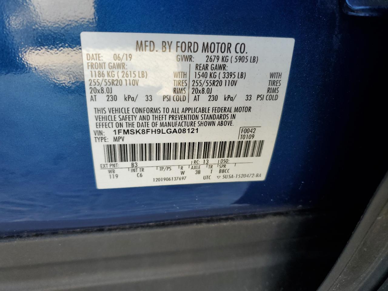 2020 Ford Explorer VIN 1FMSK8FH9LGA08121 Copart auction photo, rear end / minor dent/scratches damage thumbnail 13