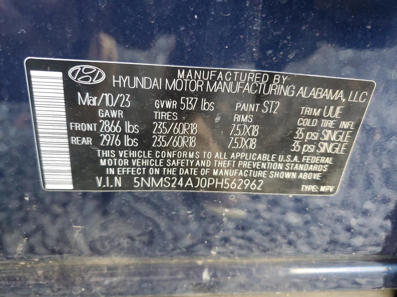 2023 Hyundai Santa Fe VIN 5NMS24AJ0PH562962 Copart auction photo, side / undercarriage damage thumbnail 15