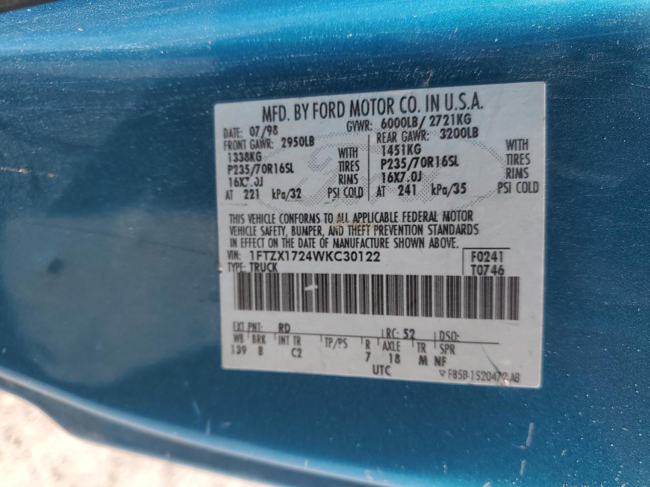 1998 Ford F-150 VIN 1FTZX1724WKC30122 Copart auction photo, front end damage thumbnail 14
