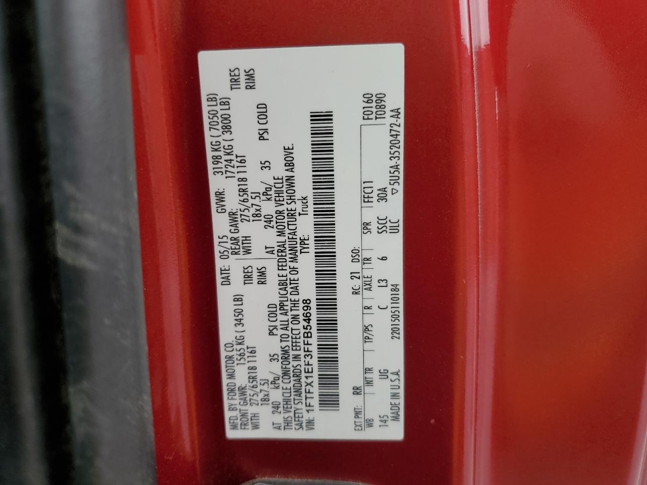 2015 Ford F-150 VIN 1FTFX1EF3FFB54698 Copart auction photo, front end damage thumbnail 12
