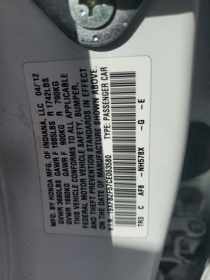2012 Honda Civic VIN 19XFB2F57CE063580 Copart auction photo, all over damage thumbnail 12
