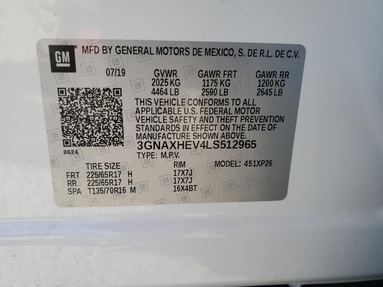 2020 Chevrolet Equinox VIN 3GNAXHEV4LS512965 Copart auction photo, front end damage thumbnail 16
