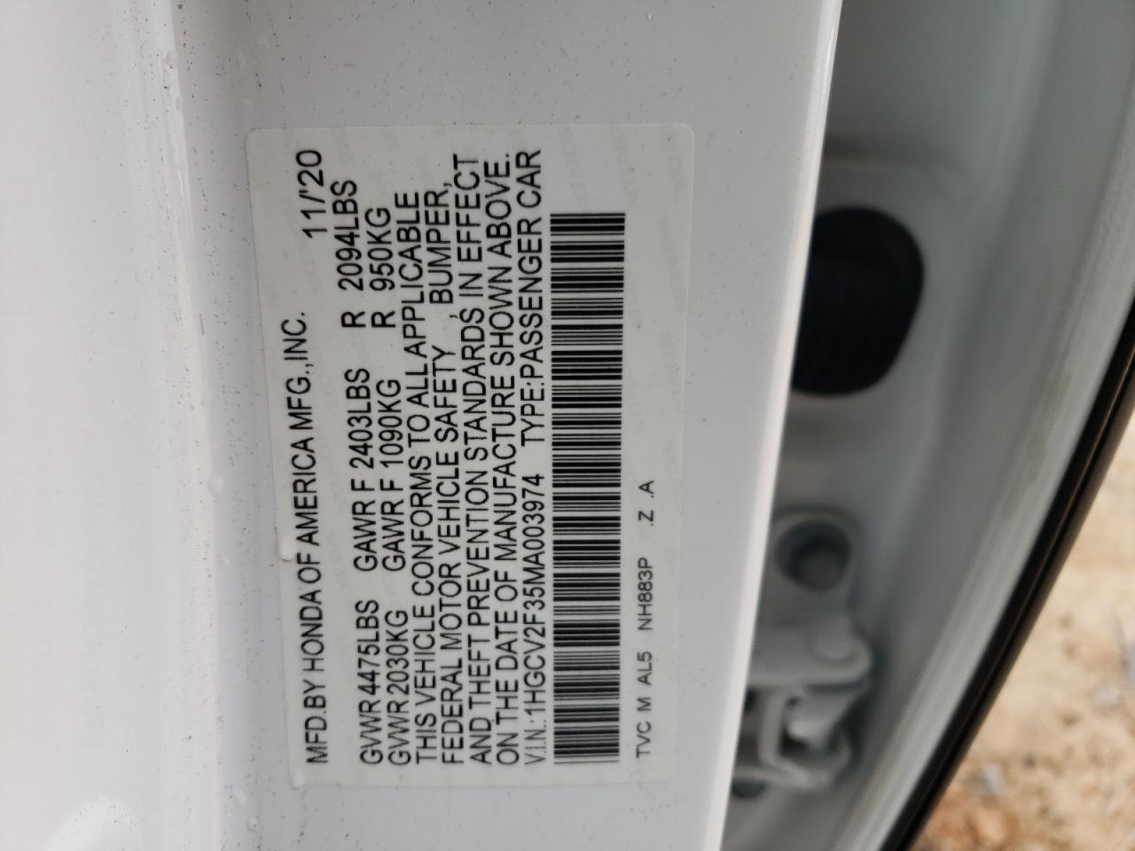 2021 Honda Accord VIN 1HGCV2F35MA003974 Copart auction photo, front end / undercarriage damage thumbnail 13