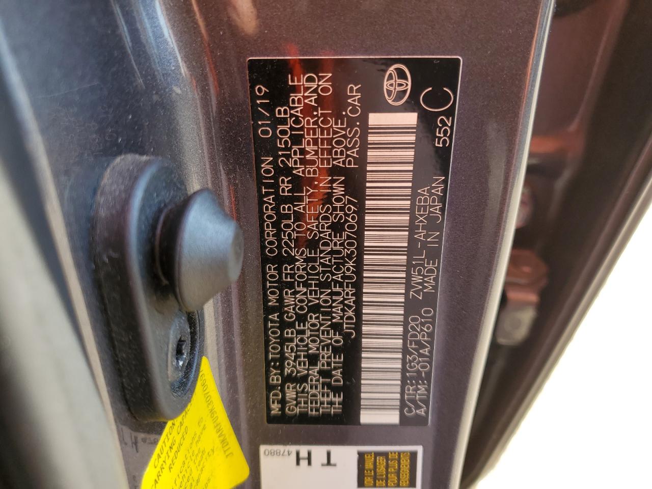 2019 Toyota Prius VIN JTDKARFU9K3070697 Copart auction photo, front end damage thumbnail 12