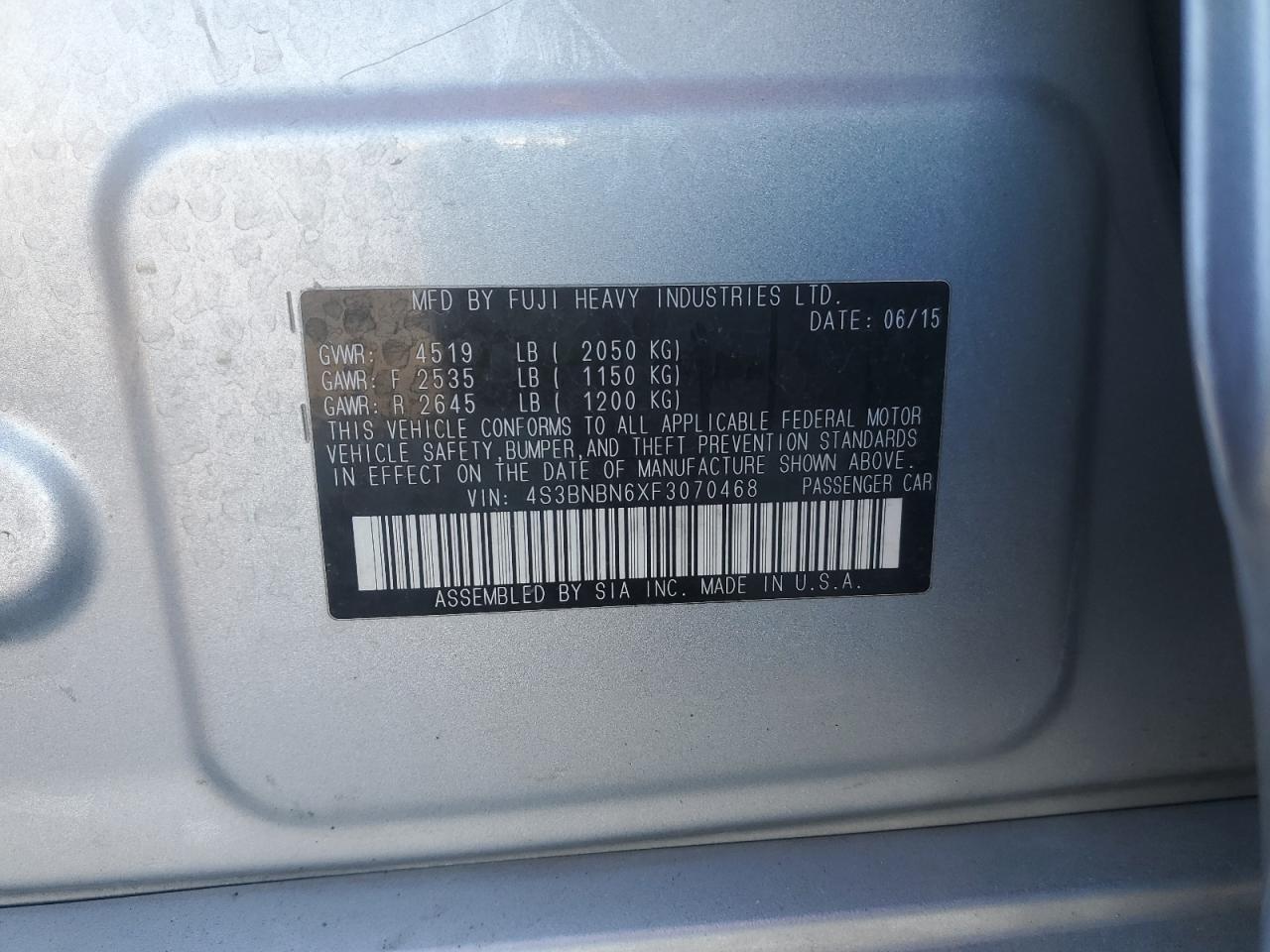 2015 Subaru Legacy VIN 4S3BNBN6XF3070468 Copart auction photo, burn damage thumbnail 13