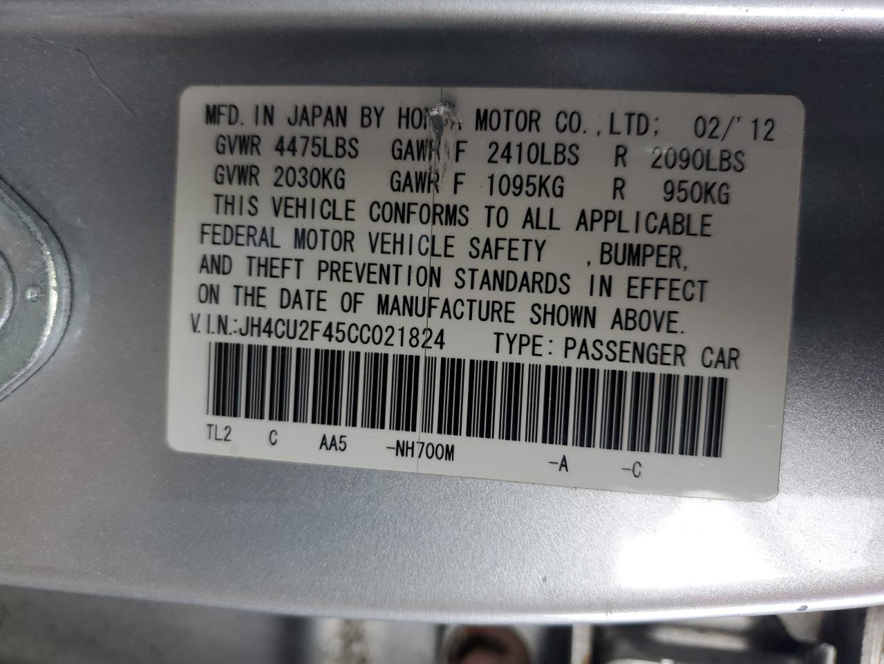 2012 Acura TSX VIN JH4CU2F45CC021824 Copart auction photo, front end / minor dent/scratches damage thumbnail 12