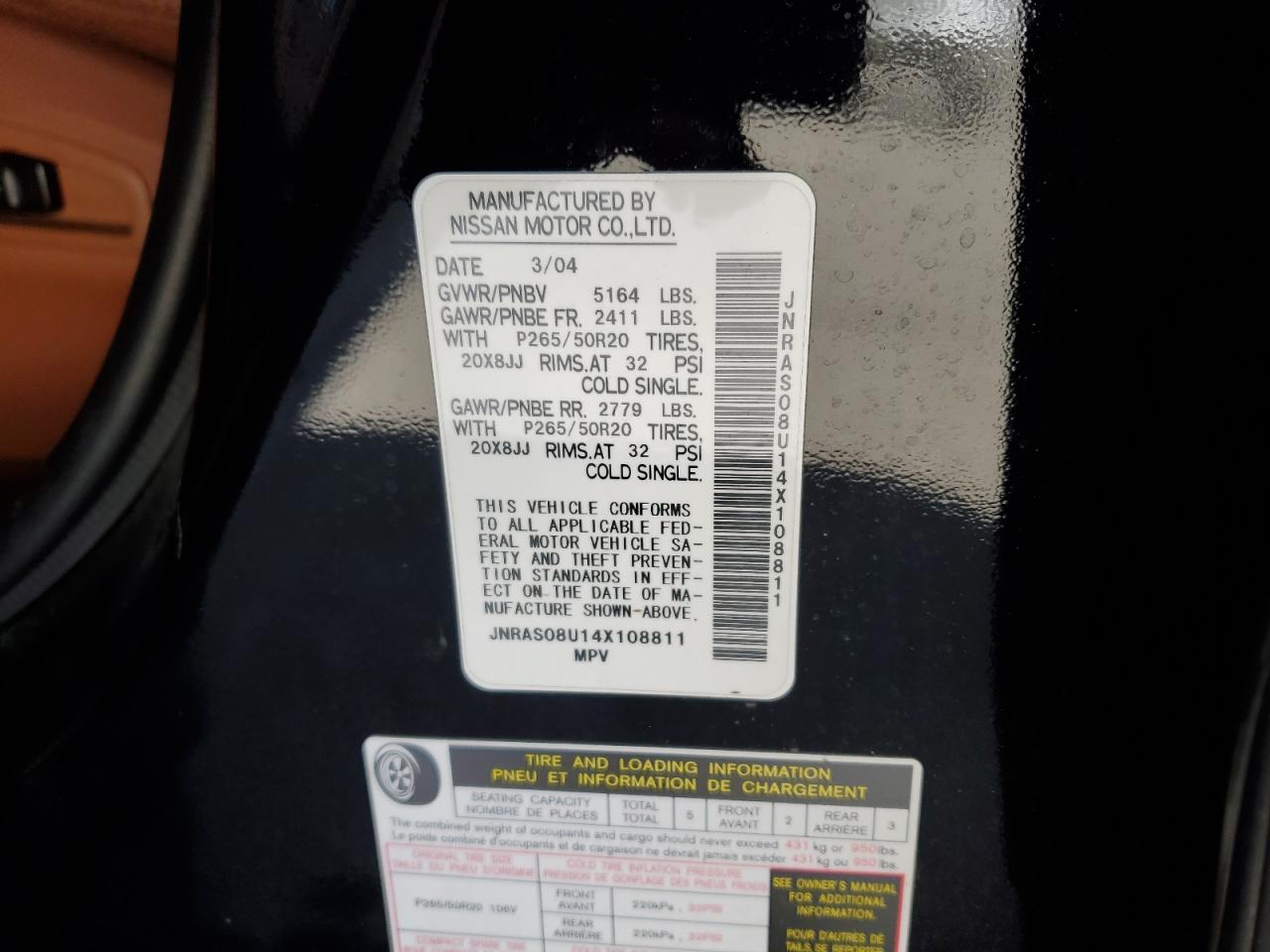 2004 Infiniti FX VIN JNRAS08U14X108811 Copart auction photo, front end damage thumbnail 13
