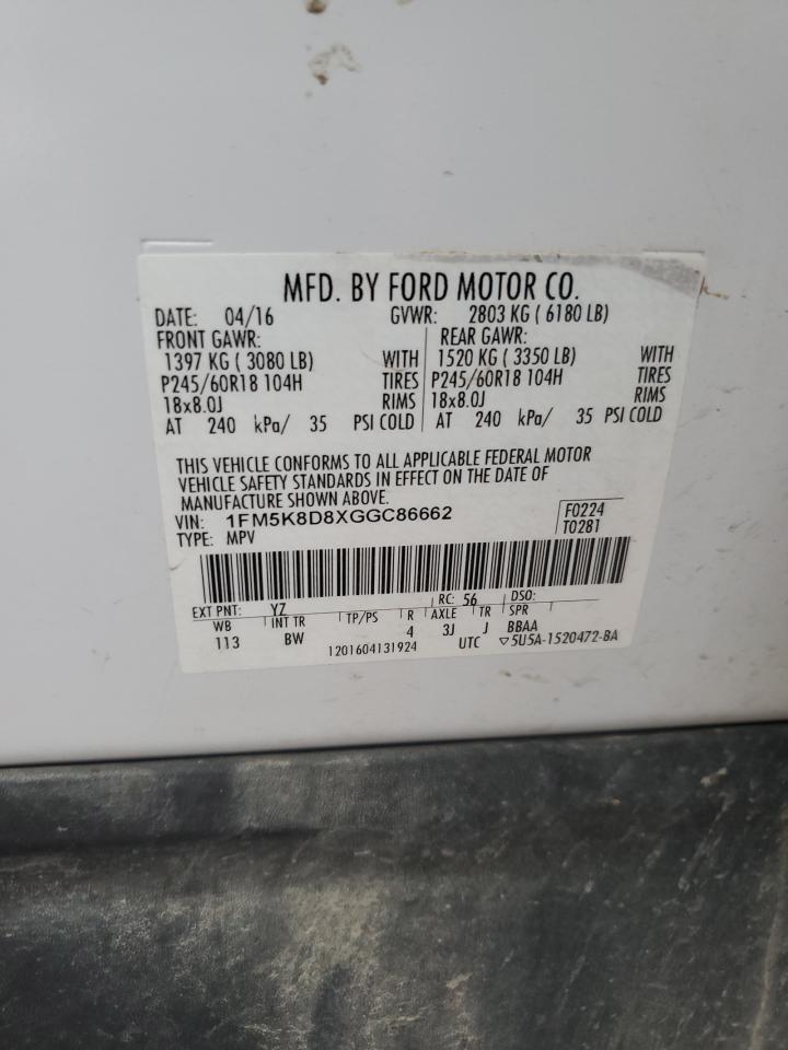 2016 Ford Explorer VIN 1FM5K8D8XGGC86662 Copart auction photo, front end damage thumbnail 15