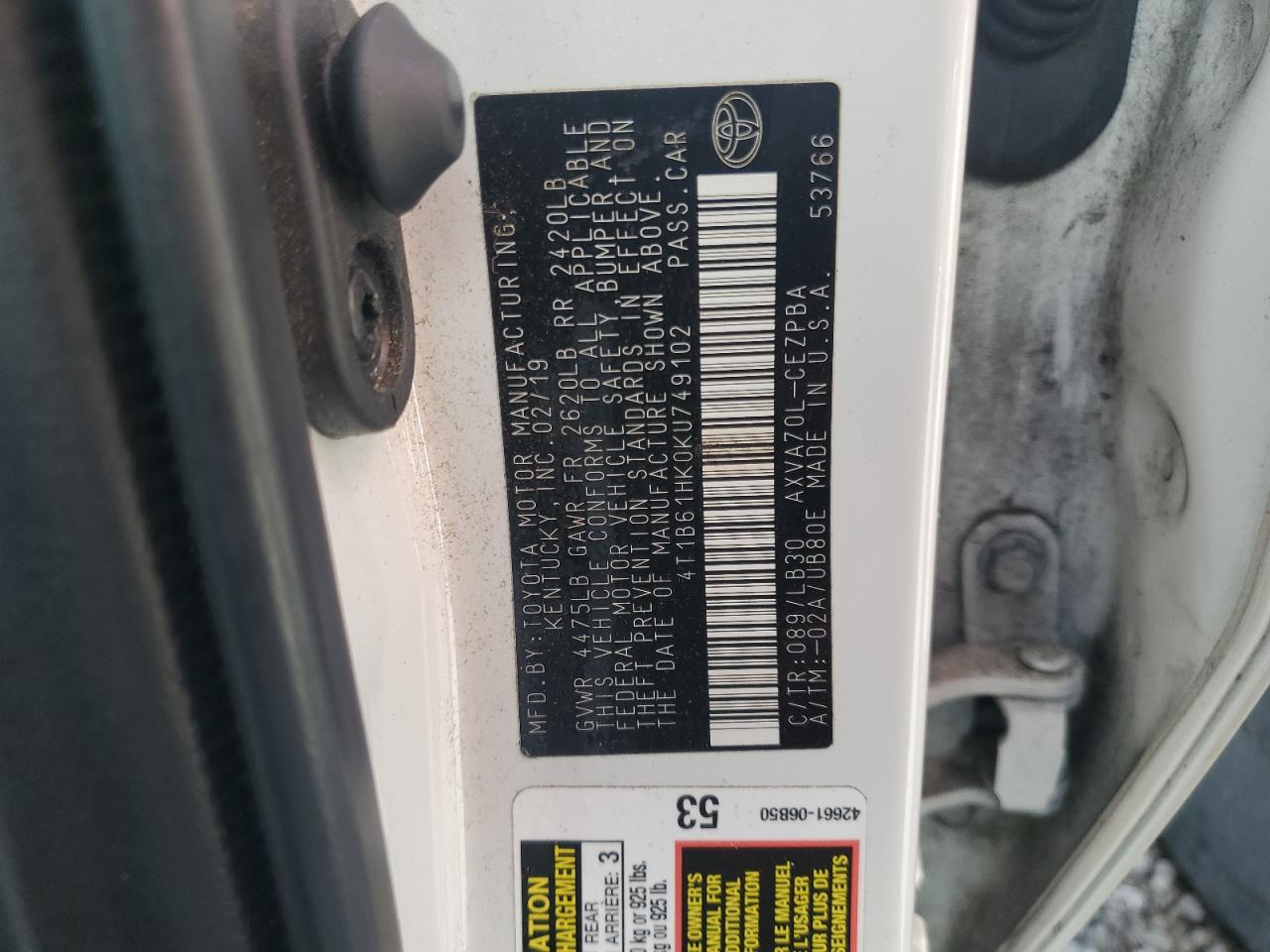 2019 Toyota Camry VIN 4T1B61HK0KU749102 Copart auction photo, rear end damage thumbnail 14