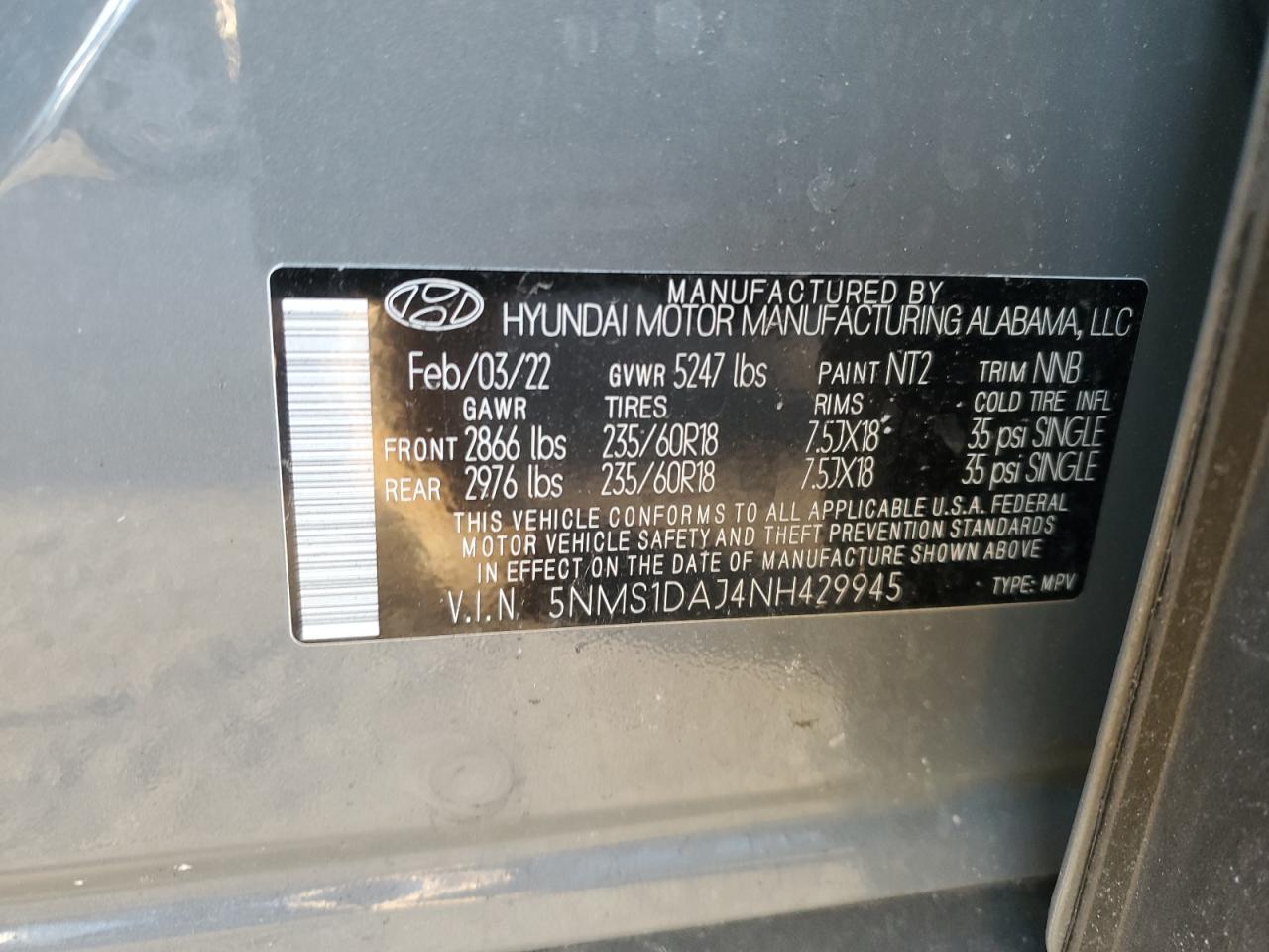 2022 Hyundai Santa Fe VIN 5NMS1DAJ4NH429945 Copart auction photo, front end / side damage thumbnail 13