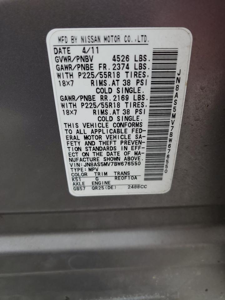 2011 Nissan Rogue VIN JN8AS5MV7BW676550 Copart auction photo, front end / rear end damage thumbnail 13