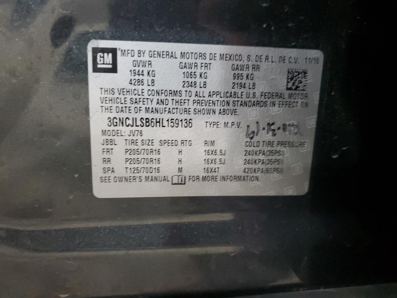 2017 Chevrolet Trax VIN 3GNCJLSB6HL159136 Copart auction photo, front end damage thumbnail 13