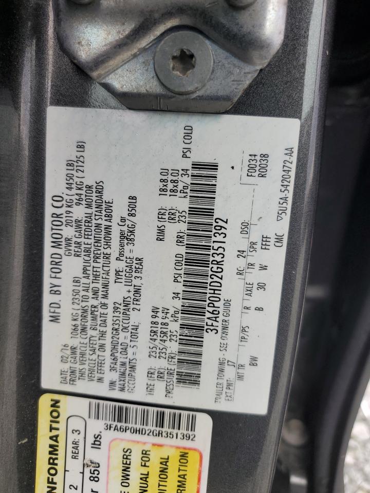 2016 Ford Fusion VIN 3FA6P0HD2GR351392 Copart auction photo, front end damage thumbnail 13