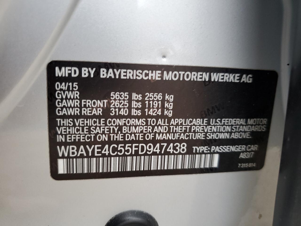 2015 BMW 7er VIN WBAYE4C55FD947438 Copart auction photo, front end damage thumbnail 12