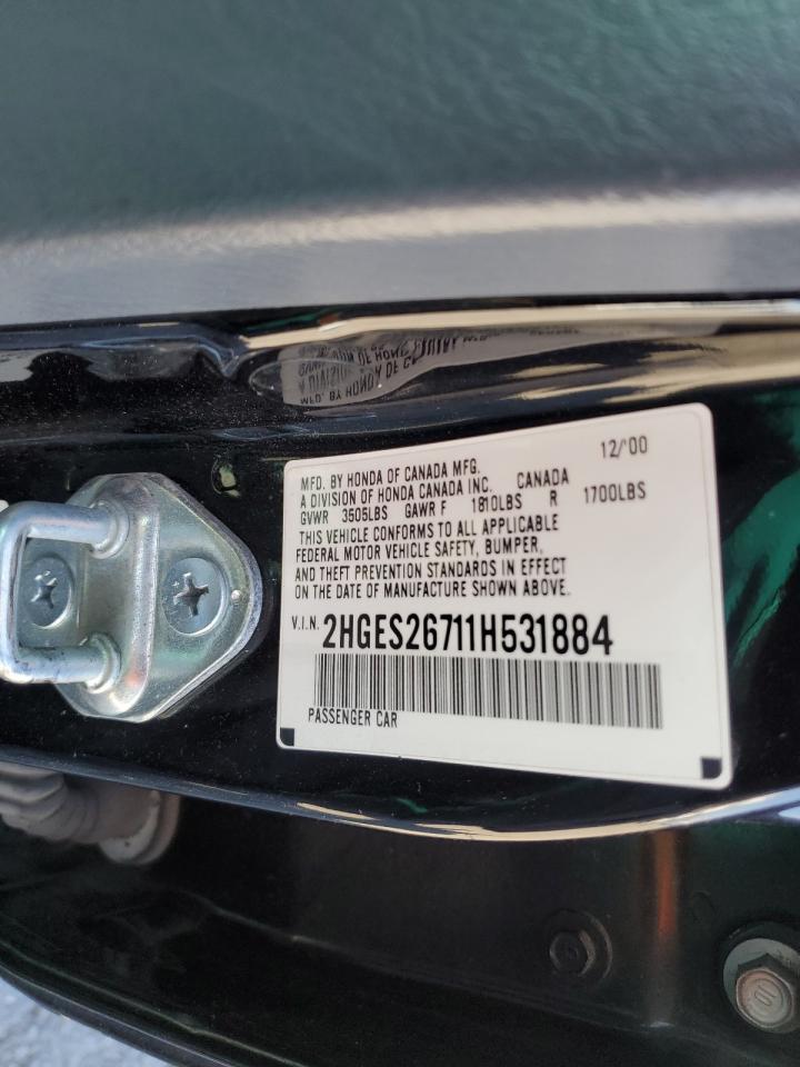 2001 Honda Civic VIN 2HGES26711H531884 Copart auction photo, minor dent/scratches damage thumbnail 12