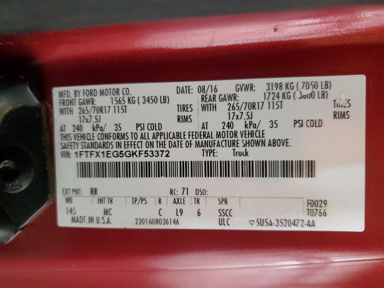 2016 Ford F-150 VIN 1FTFX1EG5GKF53372 Copart auction photo, front end damage thumbnail 14