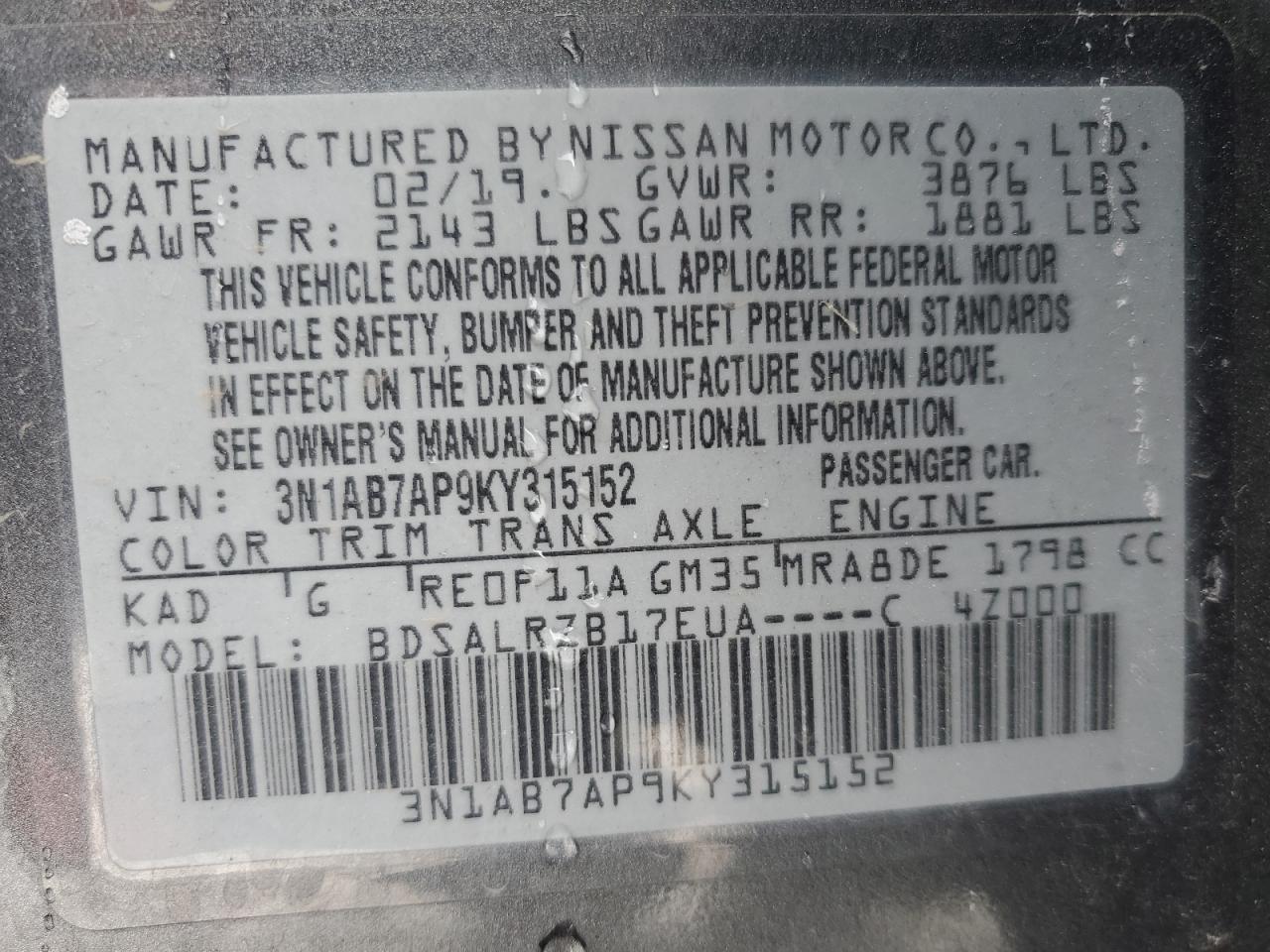2019 Nissan Sentra VIN 3N1AB7AP9KY315152 Copart auction photo, front end damage thumbnail 15