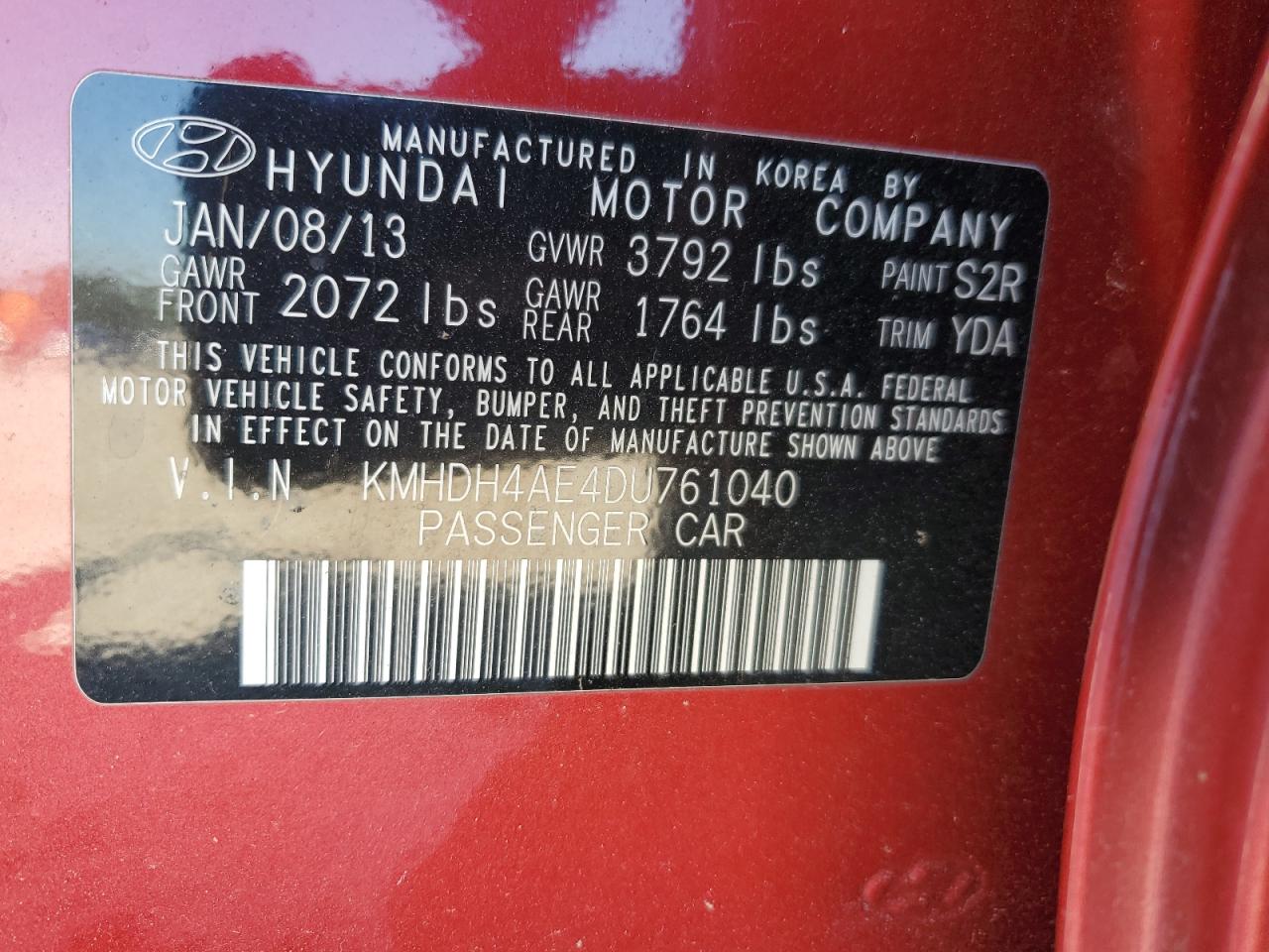 2013 Hyundai Elantra VIN KMHDH4AE4DU761040 Copart auction photo, front end / burn - engine damage thumbnail 14