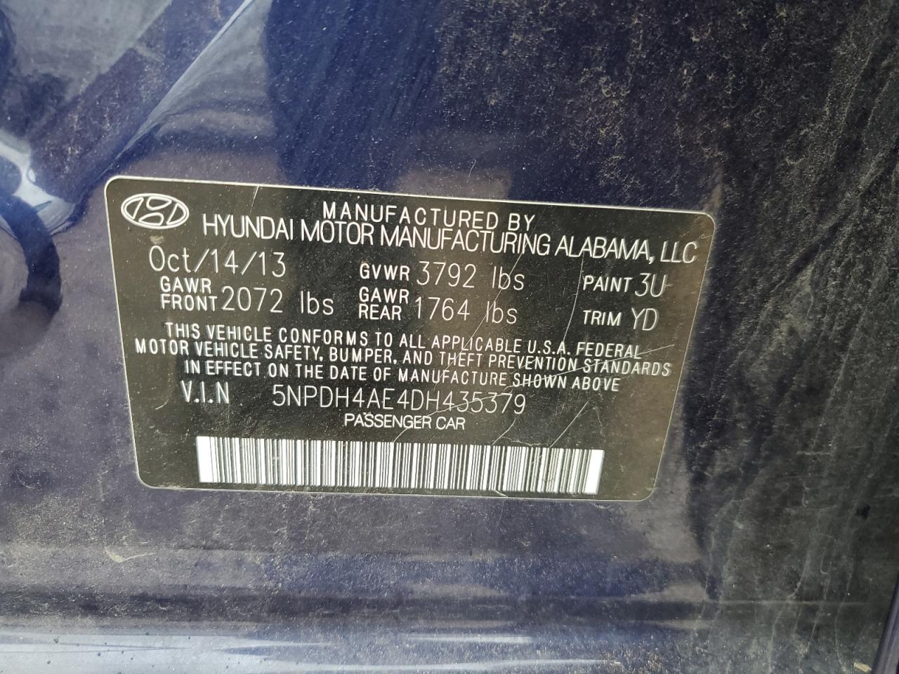 2013 Hyundai Elantra VIN 5NPDH4AE4DH435379 Copart auction photo, front end / minor dent/scratches damage thumbnail 12