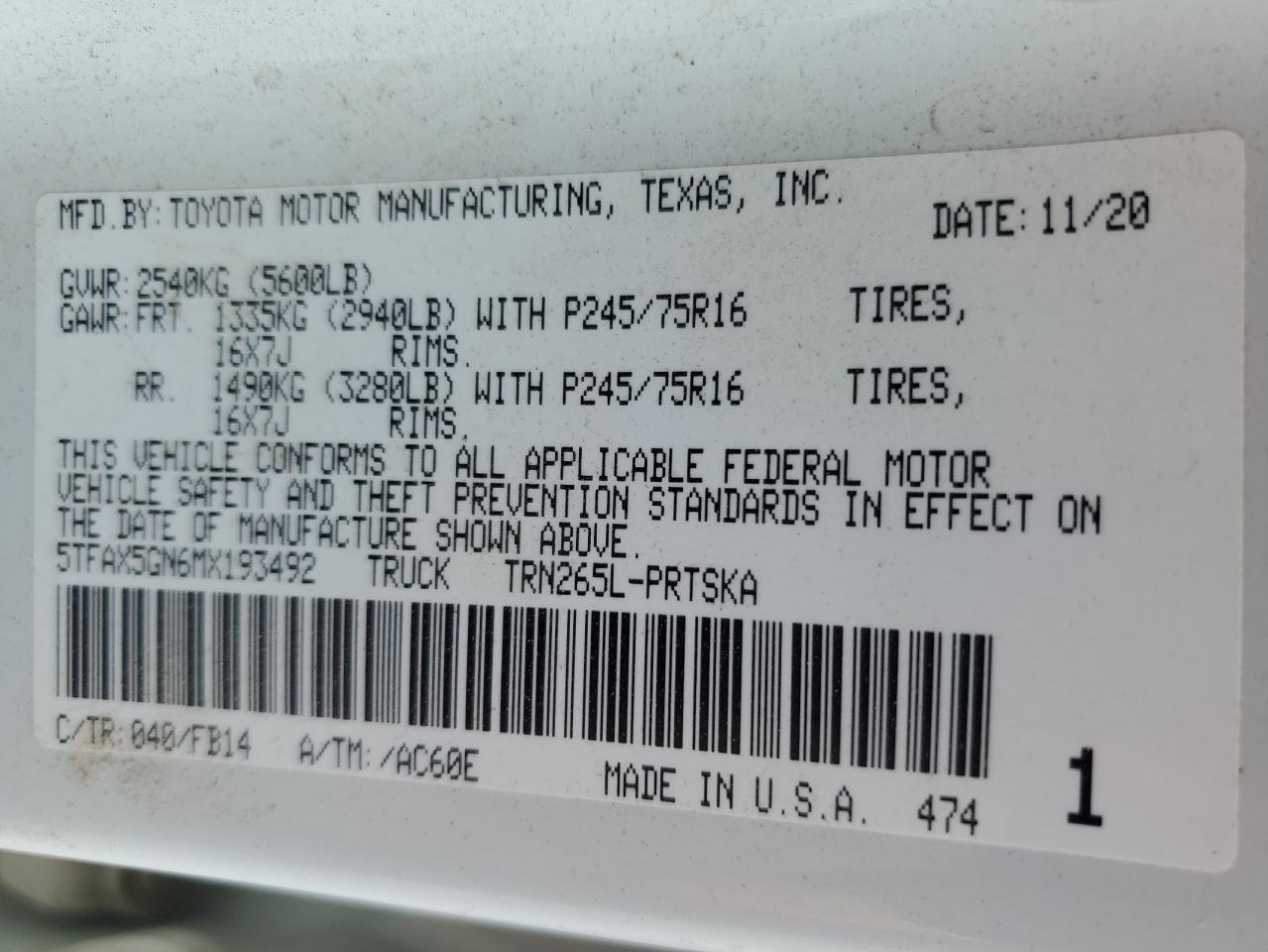 2021 Toyota Tacoma VIN 5TFAX5GN6MX193492 Copart auction photo, front end damage thumbnail 15
