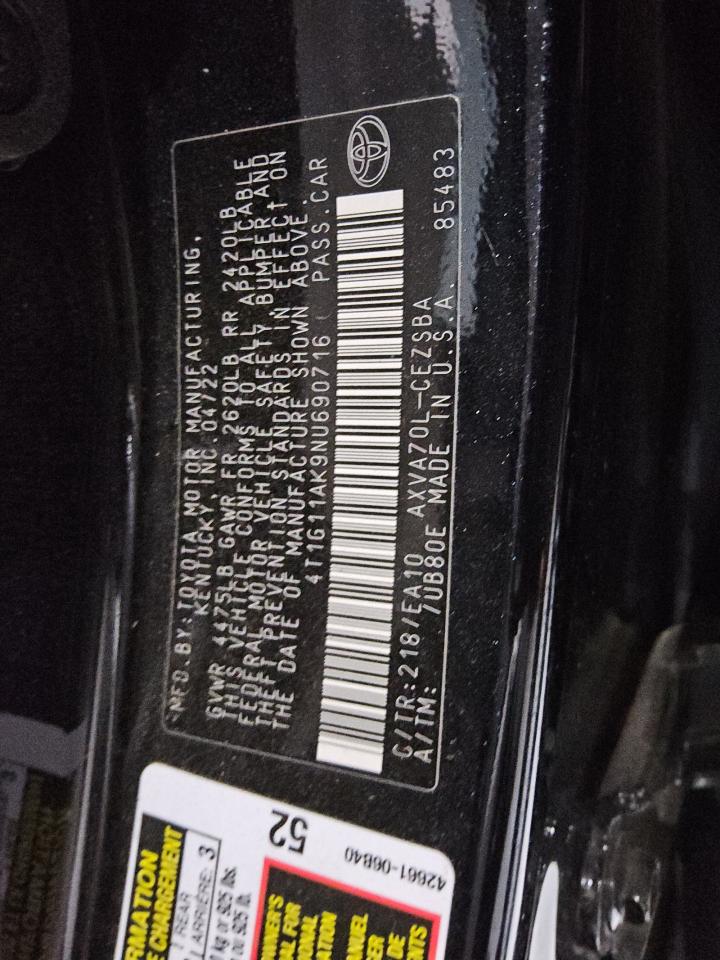 2022 Toyota Camry VIN 4T1G11AK9NU690716 Copart auction photo, front end / rear end damage thumbnail 13