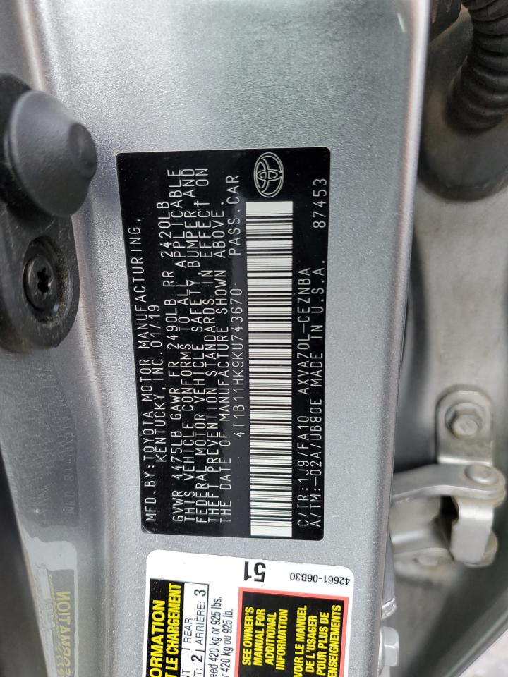 2019 Toyota Camry VIN 4T1B11HK9KU743670 Copart auction photo, side damage thumbnail 12