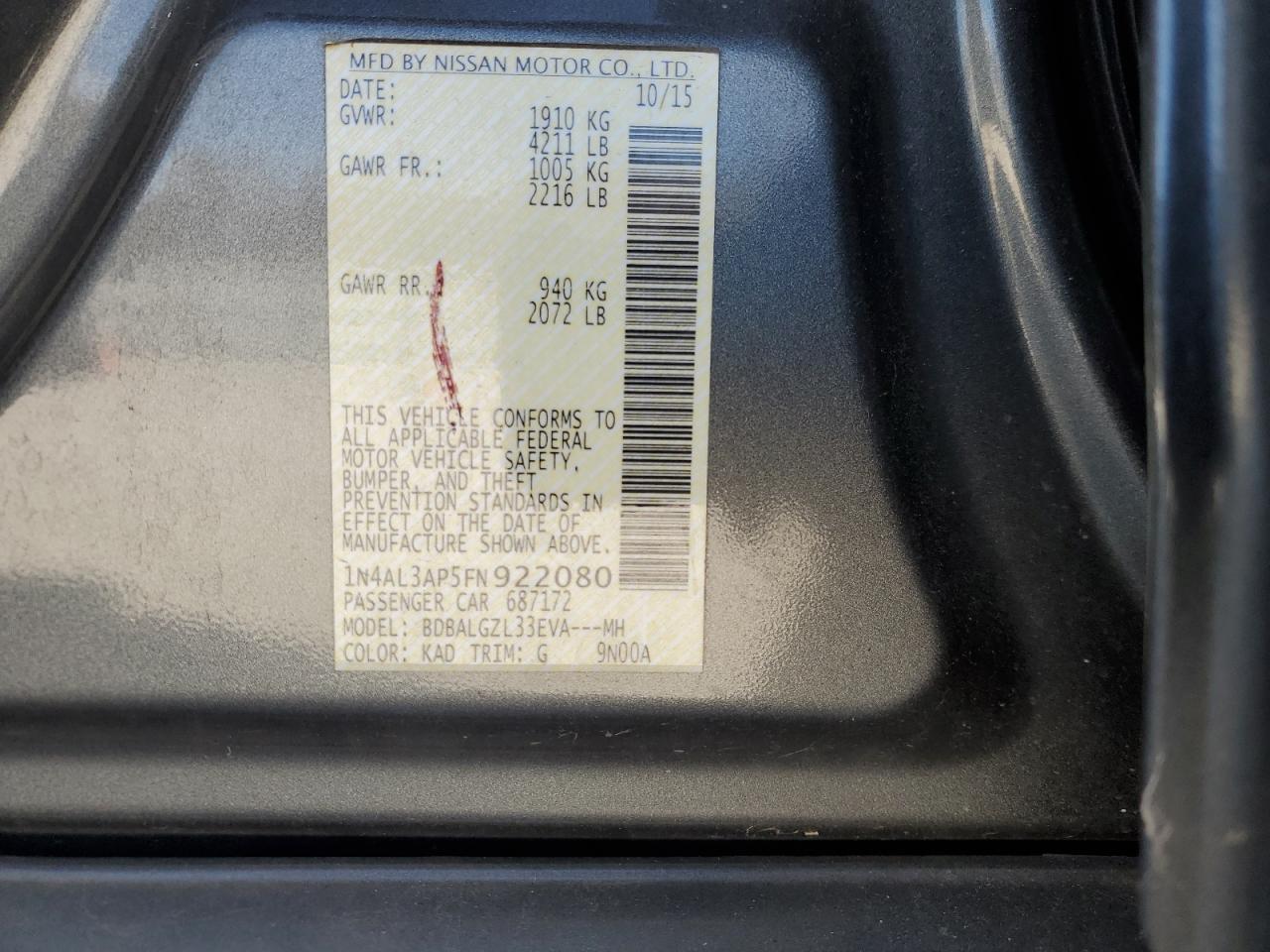 2015 Nissan Altima VIN 1N4AL3AP5FN922080 Copart auction photo, hail / front end damage thumbnail 12
