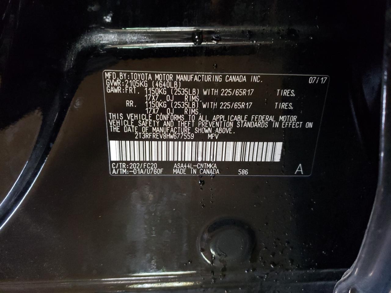 2017 Toyota RAV 4 VIN 2T3RFREV8HW677559 Copart auction photo, front end / side damage thumbnail 13