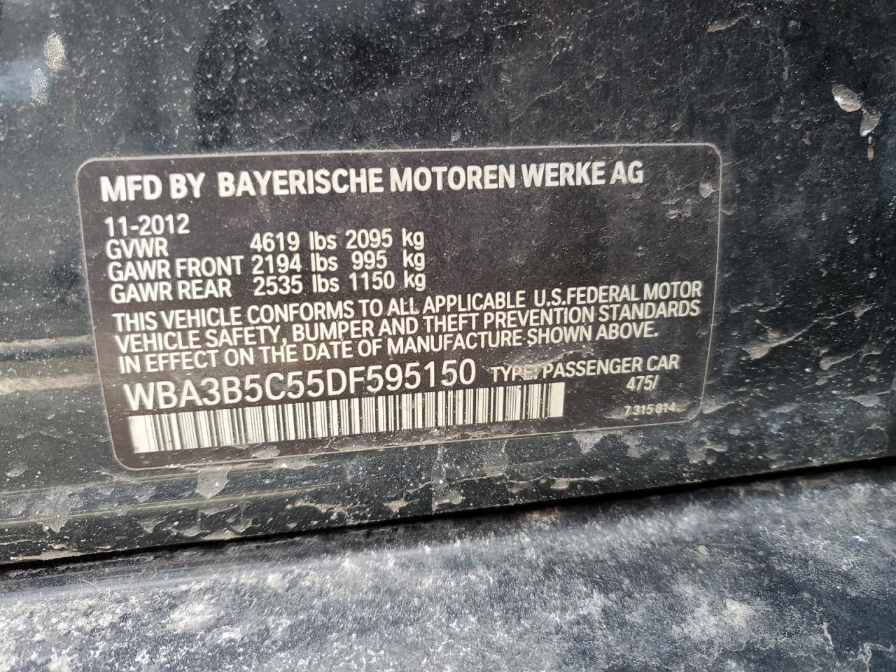 2013 BMW 3er VIN WBA3B5C55DF595150 Copart auction photo, front end damage thumbnail 12