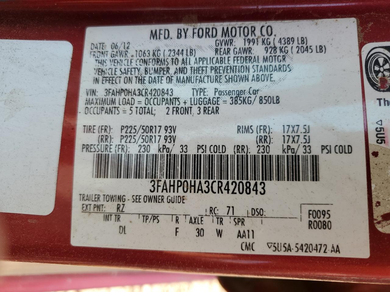2012 Ford Fusion VIN 3FAHP0HA3CR420843 Copart auction photo, front end damage thumbnail 12